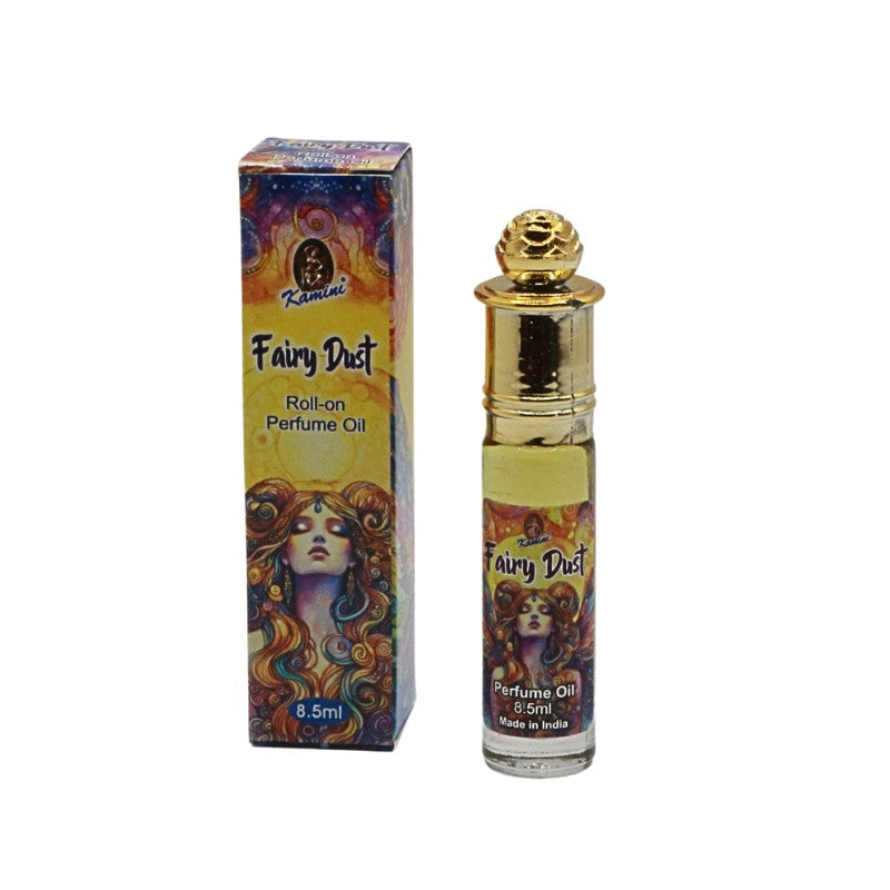 Roll-on perfume oil bottle with colorful packaging on a white background