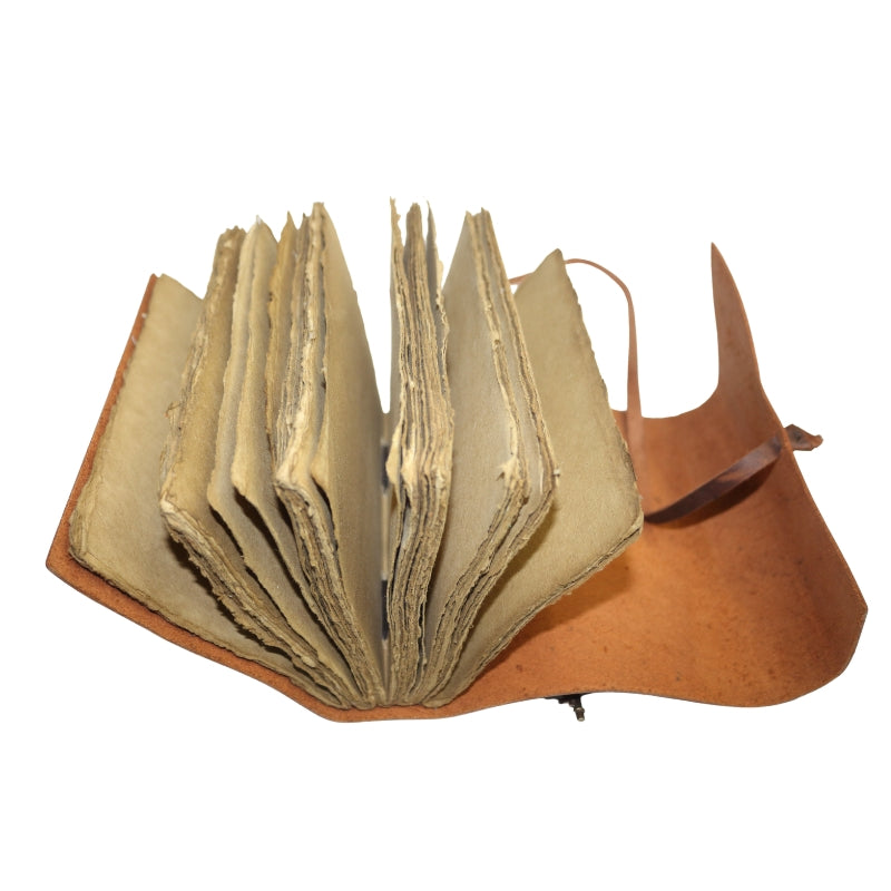 Open leather journal showing the inside which contains plain "antiqued" pages