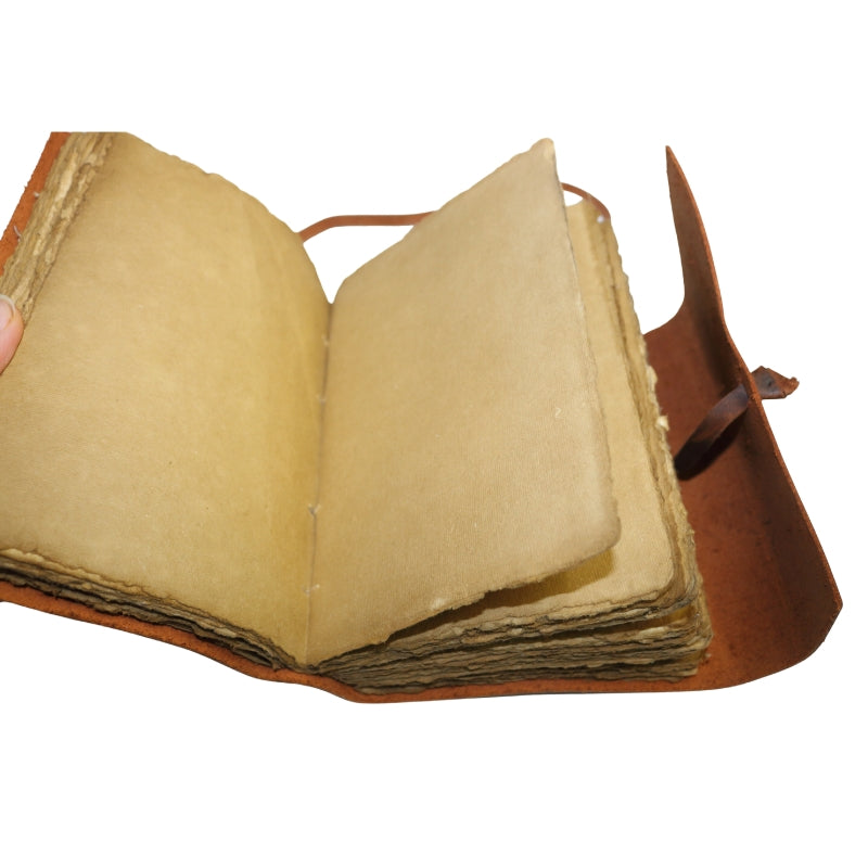 Open leather journal showing the inside which contains plain "antiqued" pages