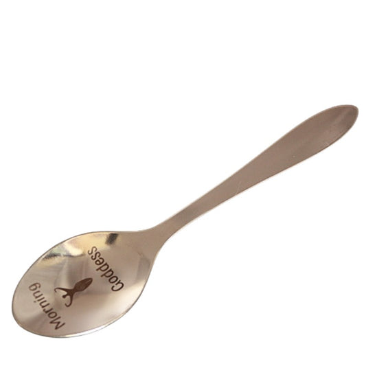 stainless steel teaspoon with "Morning Goddess" and a spiral goddess  engraved in the dish