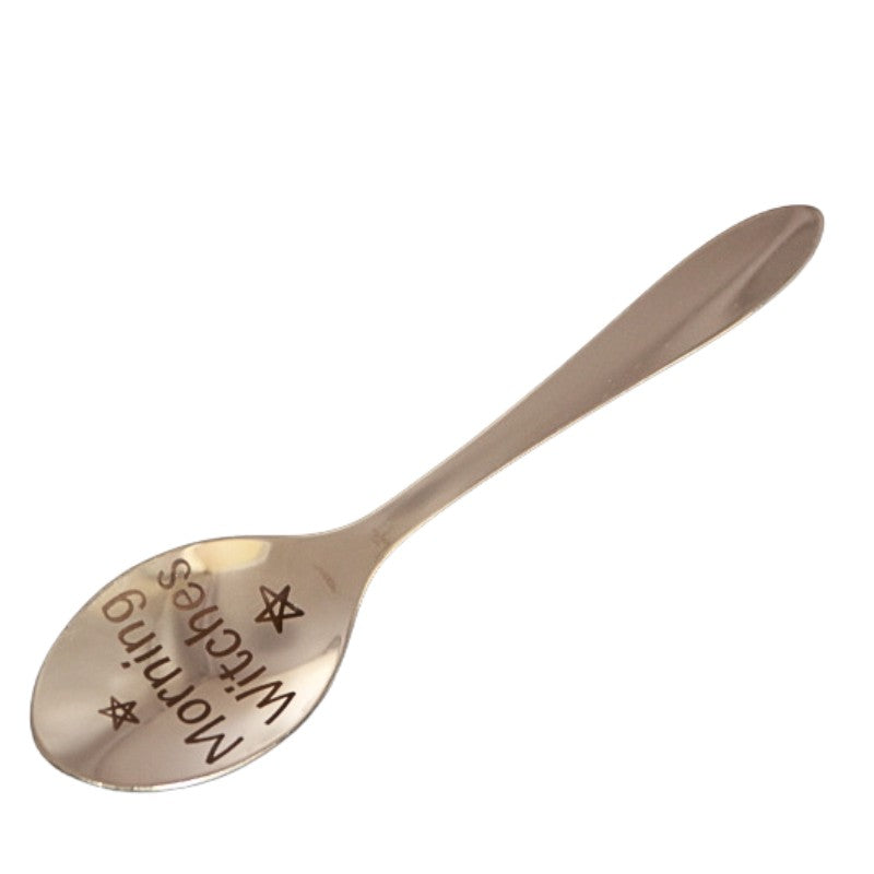 teaspoon with the engraving "morning witches" and 2 pentagrams engraved into the dish