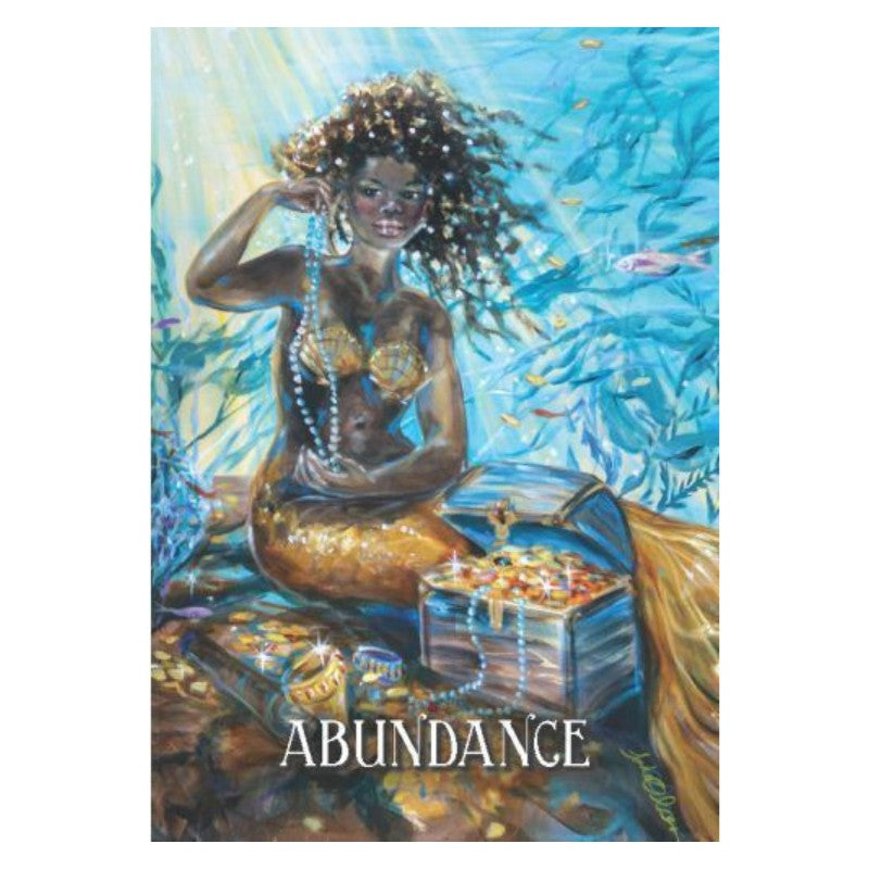 abundance card from the messages from the mermaids oracle deck featuring a mermaid with a treasure chest