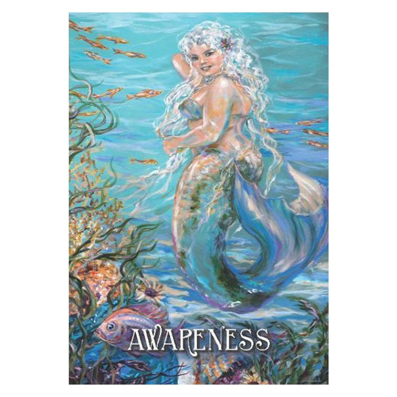 "awareness " card from the messages from the mermaids oracle deck showing a mermaid in the ocean surrounded by fish and seaweed