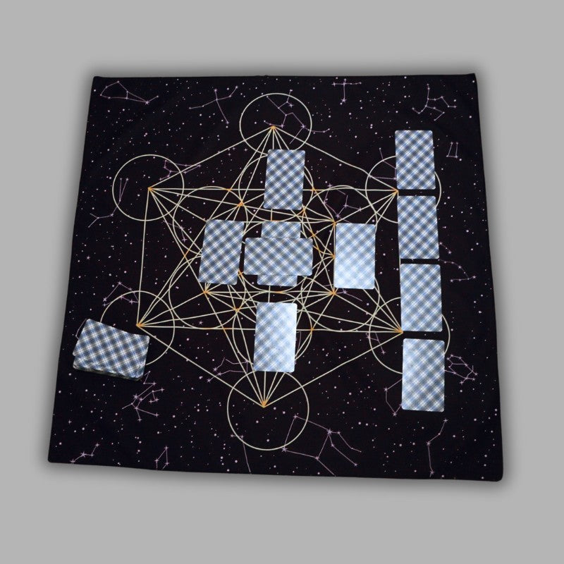 Metatron's Cube Altar Cloth- with tarot cards laid out in a celtic cross spread