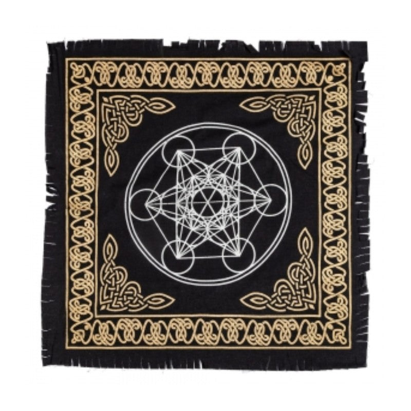 Black square mat with gold border and metatron's cube symbol on a white background