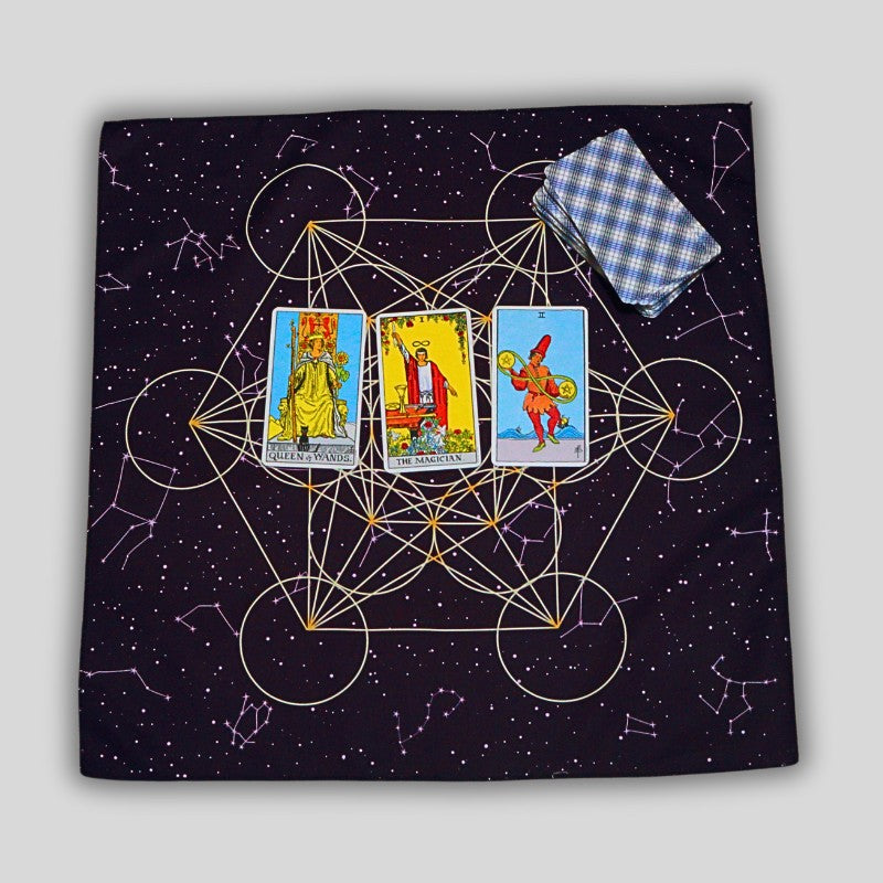 Metatron's Cube Altar Cloth- with tarot cards laid out in a3 card tarot spread