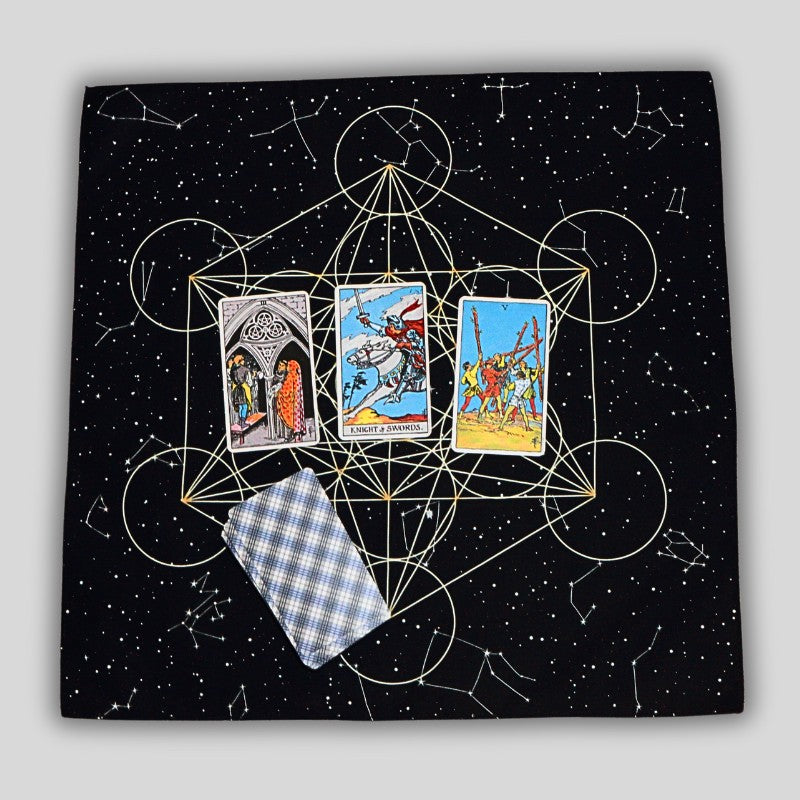Metatron's Cube Altar Cloth- with tarot cards laid out in a 3 card tarot spread
