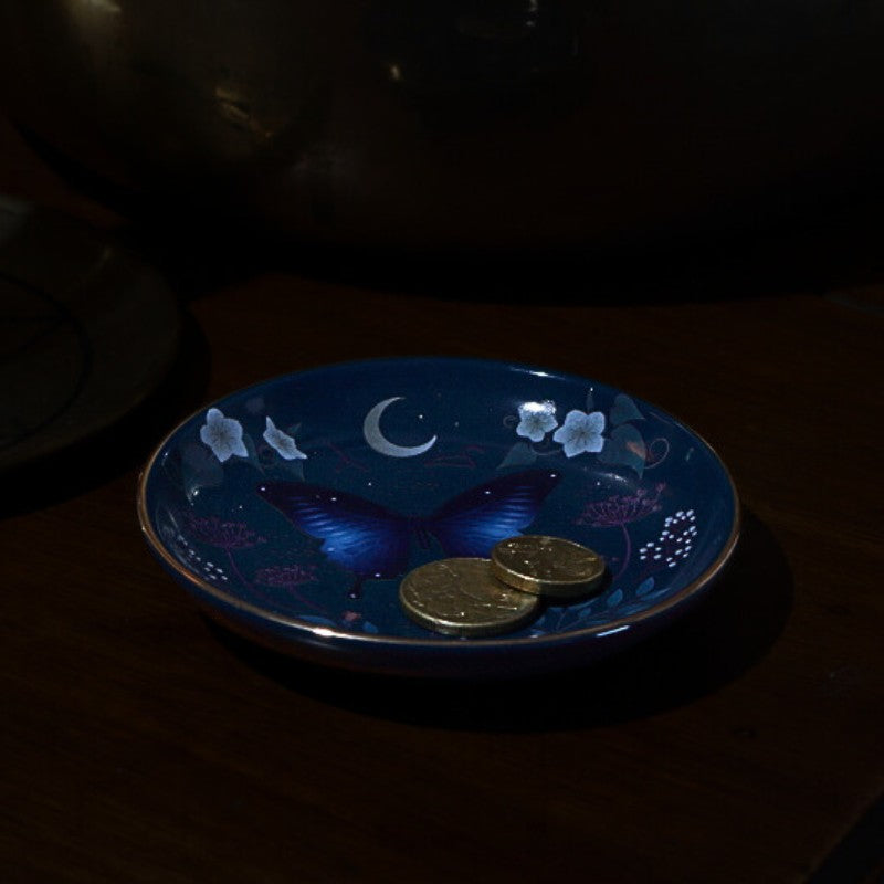 Blue decorative plate with butterfly design holding two coins on a dark background