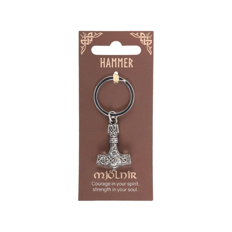 Keychain with Mjälnir design on a brown card with 'Hammer' text