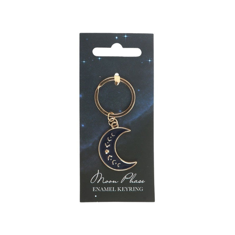 blue enamel crescent moon on gold keyring