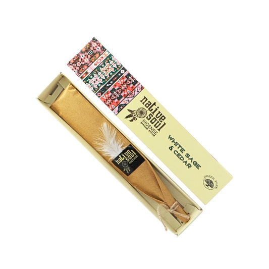 Packaged incense sticks with a decorative label on a white background