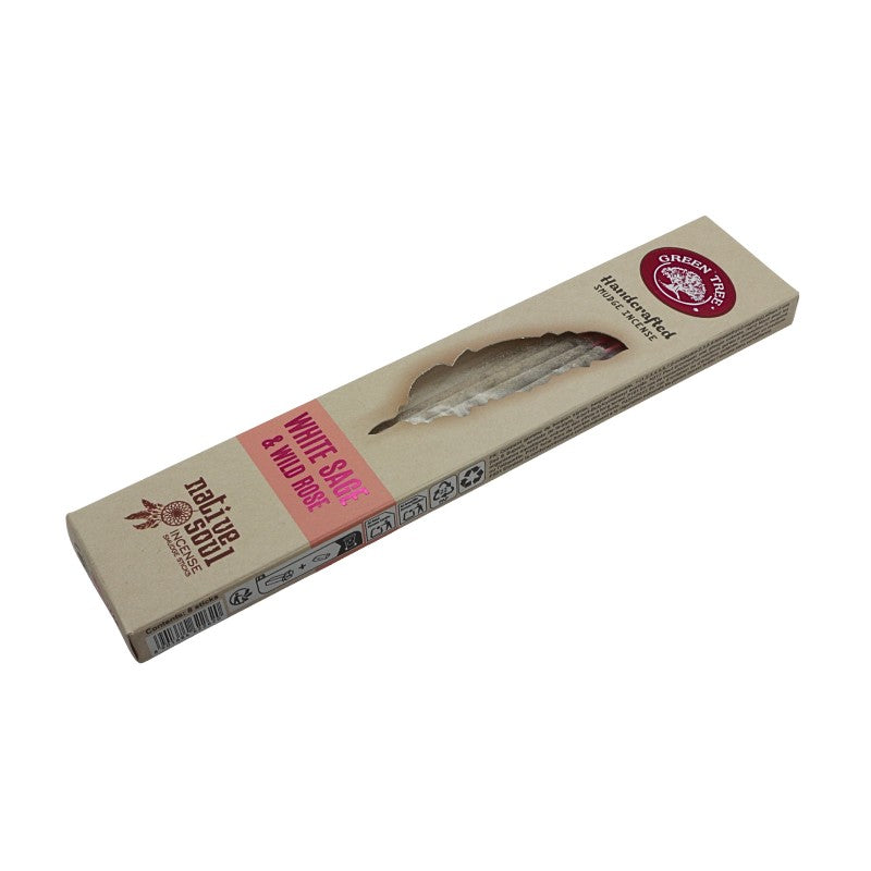 Box of White Sage & wild rose Incense Sticks with brand logo on a white background