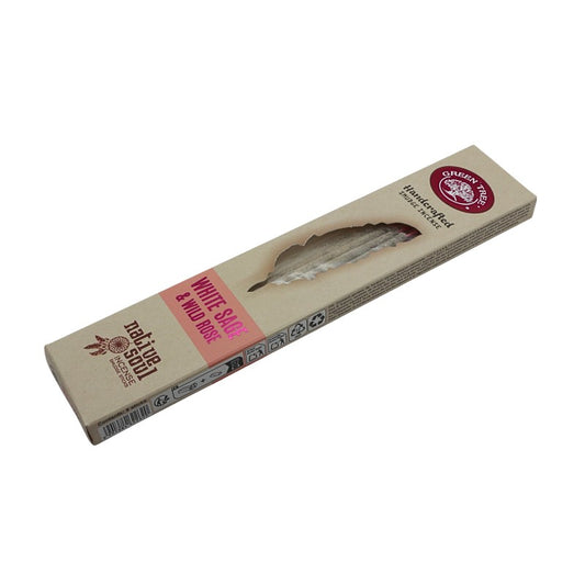Box of White Sage & wild rose  Incense Sticks with brand logo on a white background