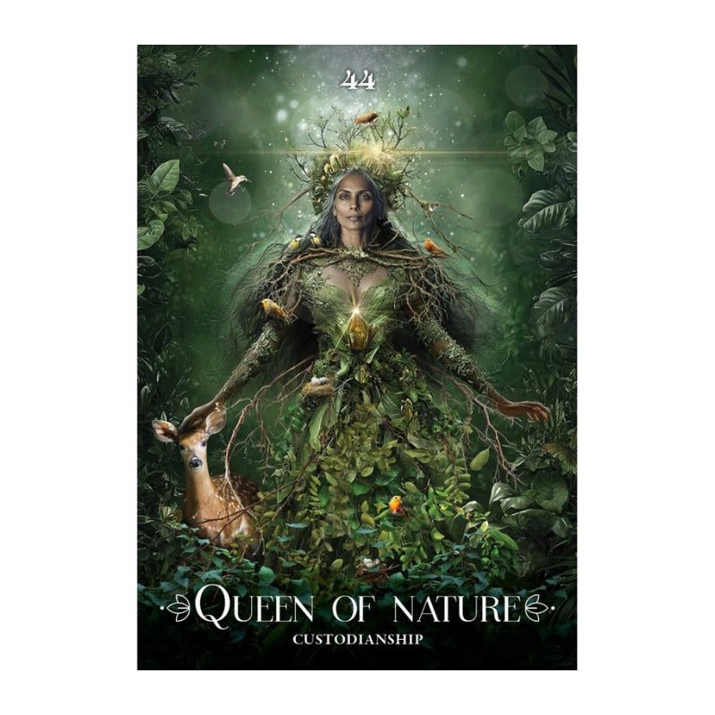A fantasy oracle card featuring a woman in a lush green forest, styled as a goddess of nature with vines, leaves, and small birds around her. The text 'Queen of Nature Custodianship' is displayed at the bottom.