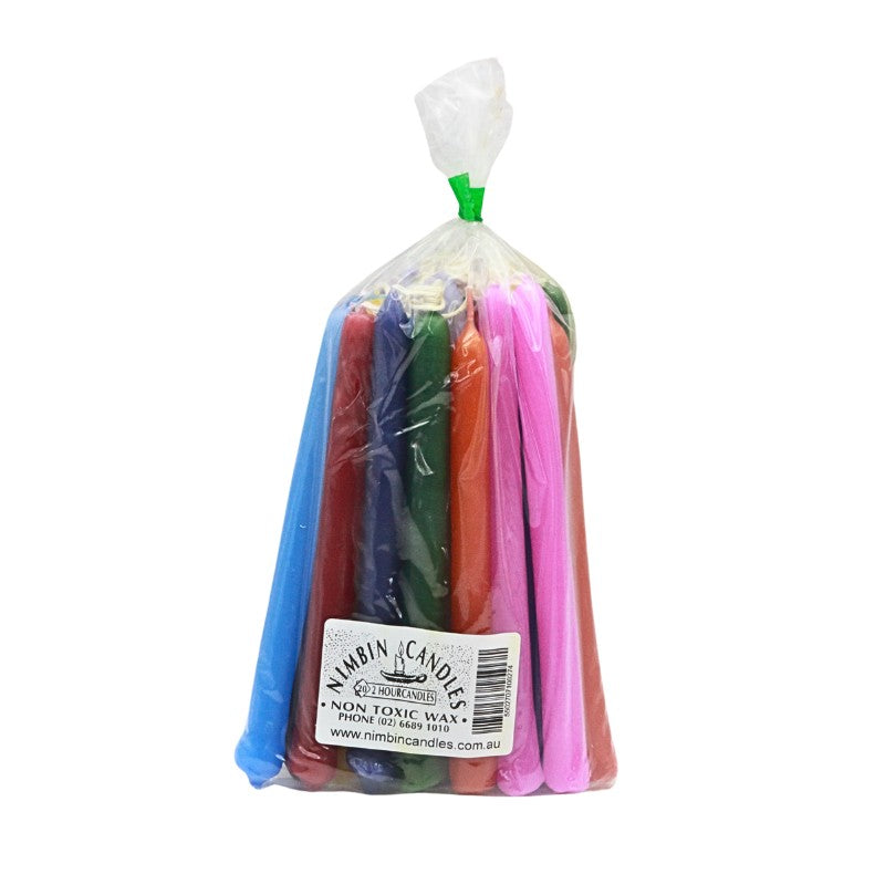 Bag of colorful candles with a visible brand label on a white background