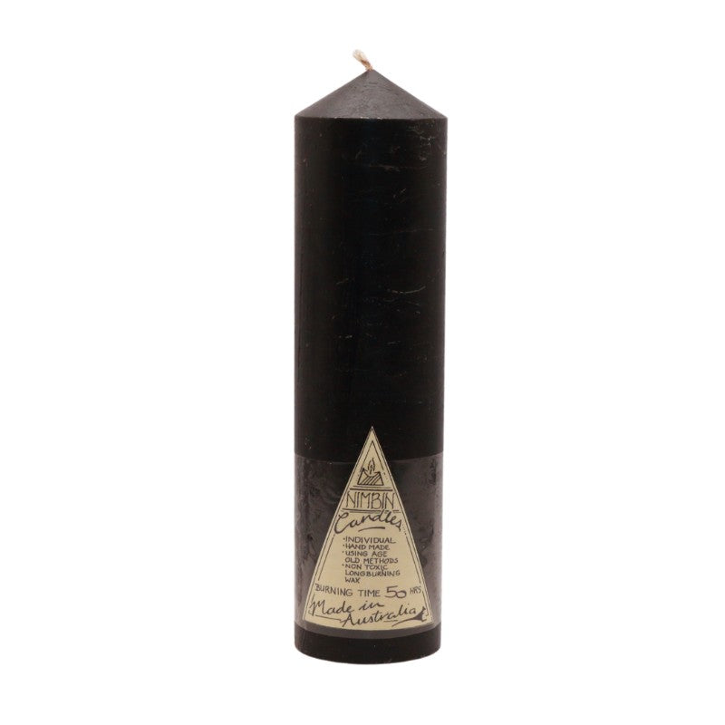black candle with a triangle logo on a white background