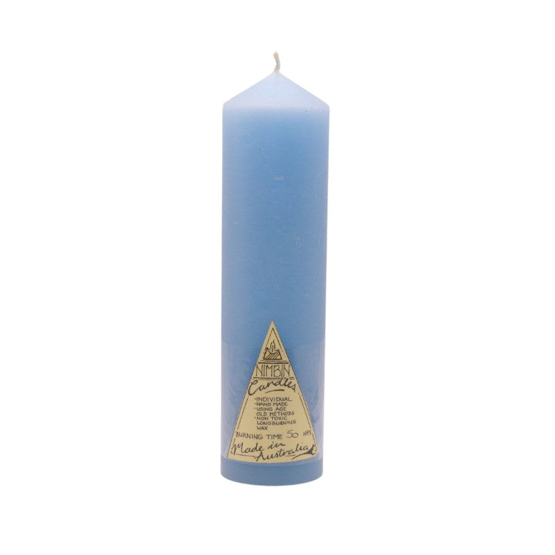 light blue candle with a triangle logo on a white background