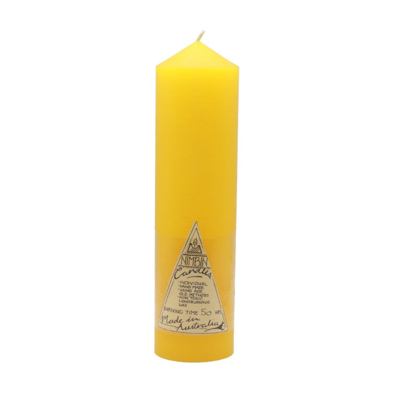 yellow candle with a triangle logo on a white background