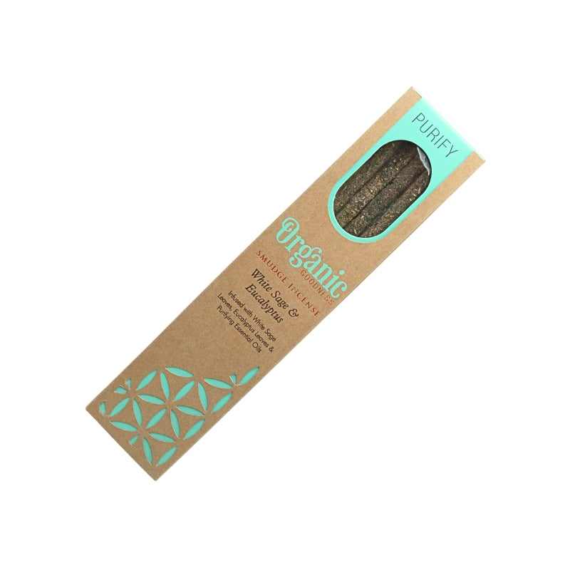 Organic Goodness Purify White Sage & Eucalyptus smudge incense in a brown box with blue detailing and a window showing the sticks.