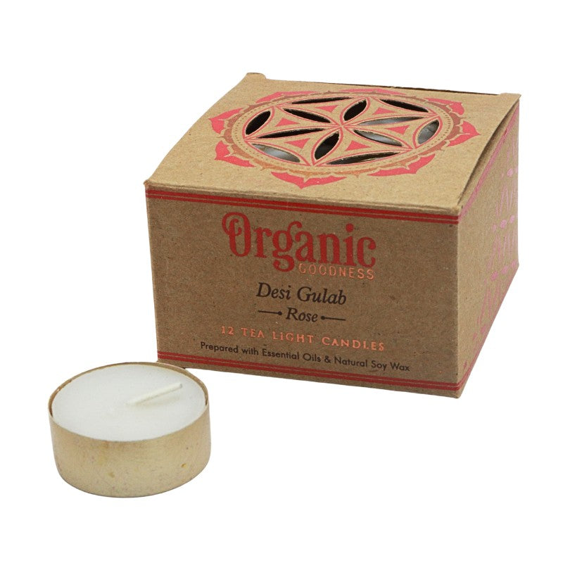 Tea light candle with 'Organic Goodness' packaging on a white background