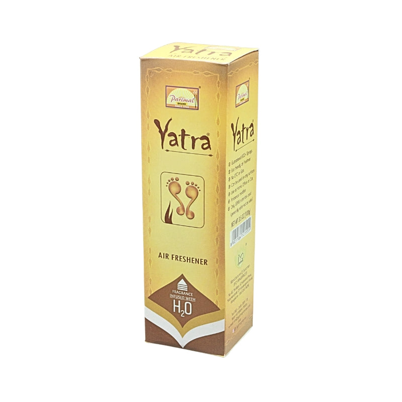 Gold Parimal Yatra air freshener box showing the branded front with footprint design and side panel with barcode.