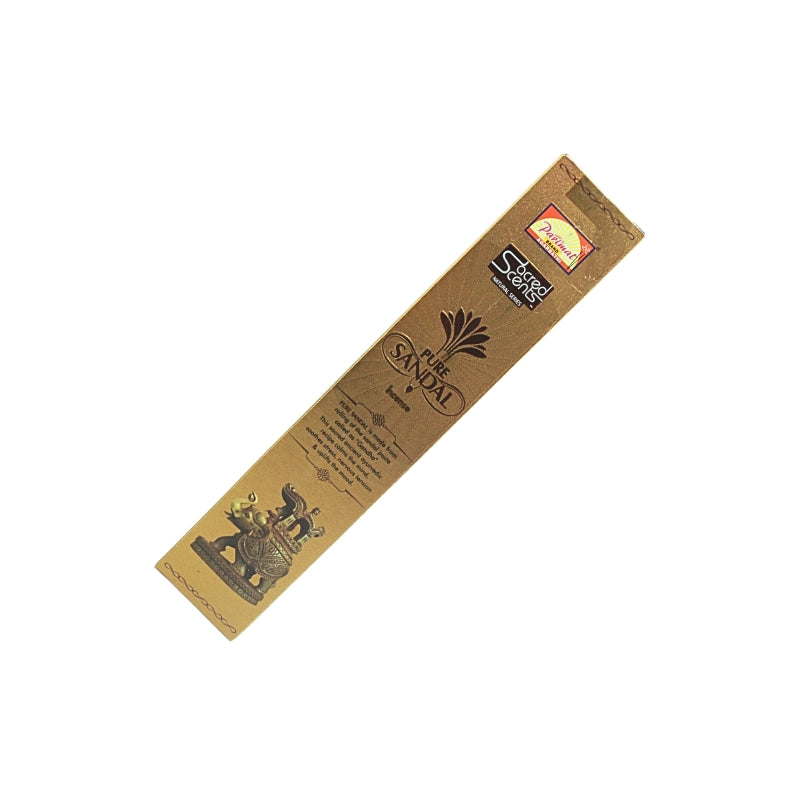 Front view of the gold Parimal Pure Sandal incense box, showing Sacred Scents branding and elephant artwork.