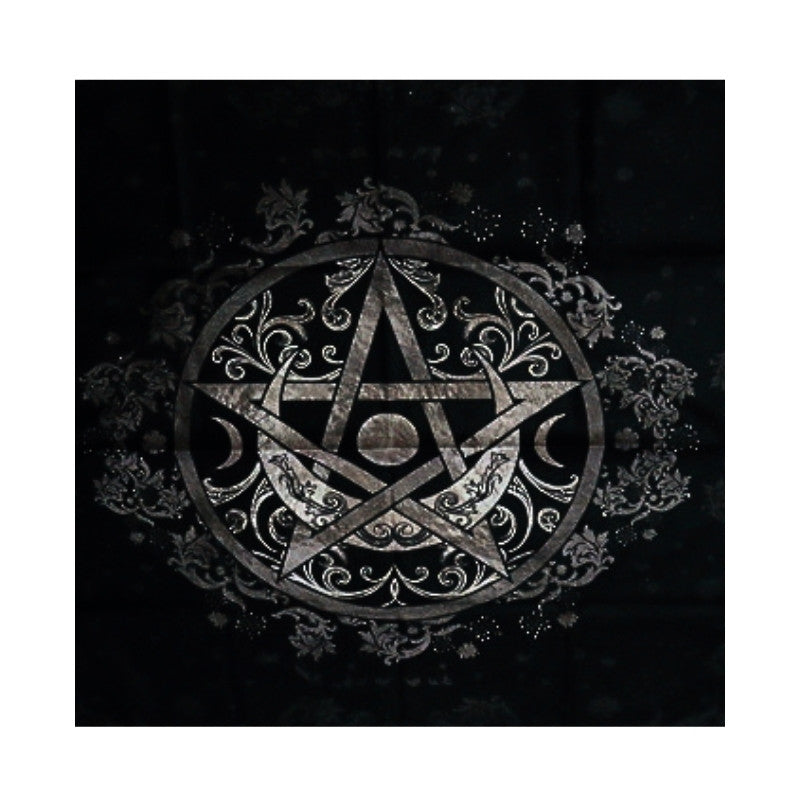black tarot cloth with a pentacle design on front