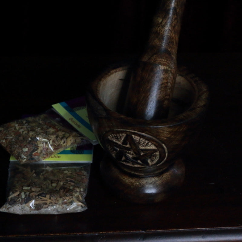 Wooden Pentacle Engraved Mortar & Pestle