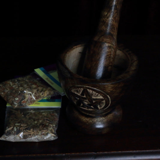 Wooden Pentacle Engraved Mortar & Pestle