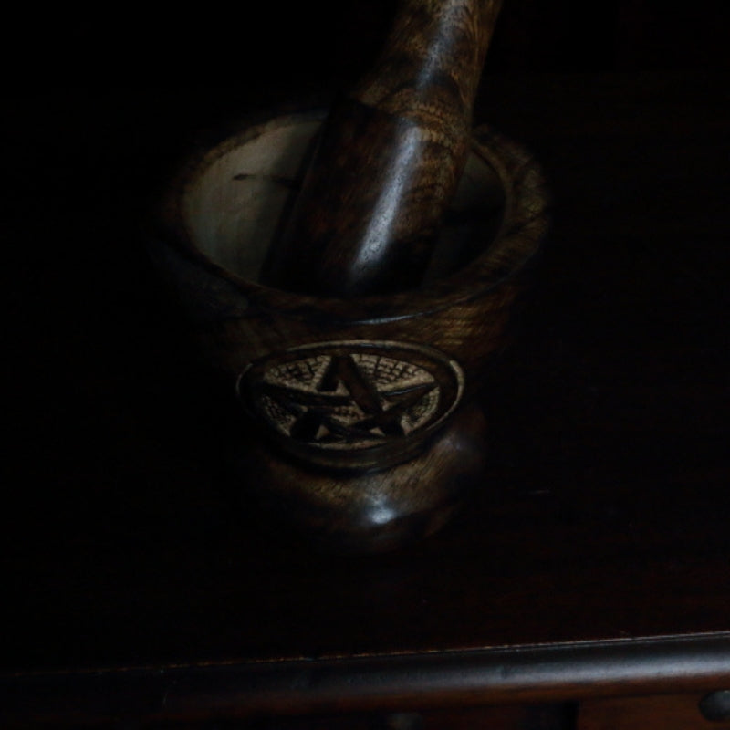 Wooden Pentacle Engraved Mortar & Pestle