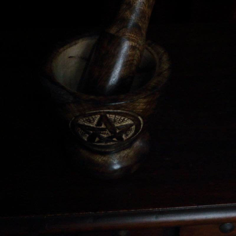 Wooden Pentacle Engraved Mortar & Pestle