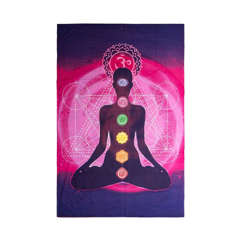 Poster with a silhouette of a person in meditation pose with chakra symbols against a pink and purple cosmic background.