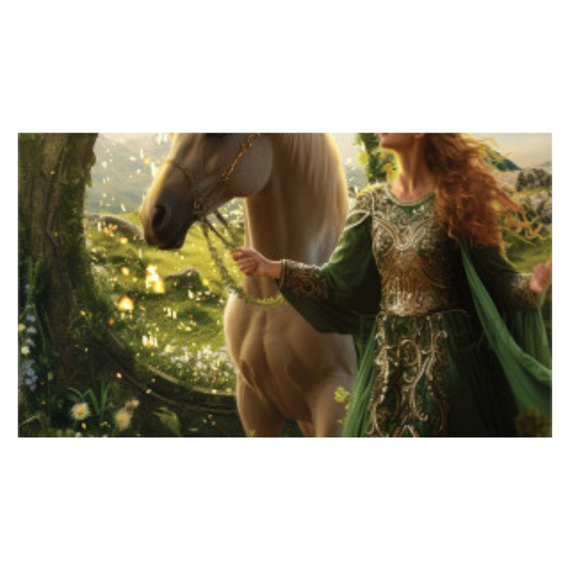 card from Queen of the sun oracle deck showing a woman with red hair and a green dress leading a white horse
