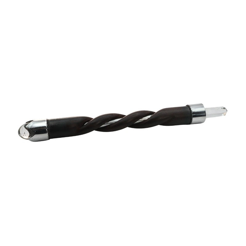 Twisted wooden wand with metal inner tube and clear quartz tip and end on a white background