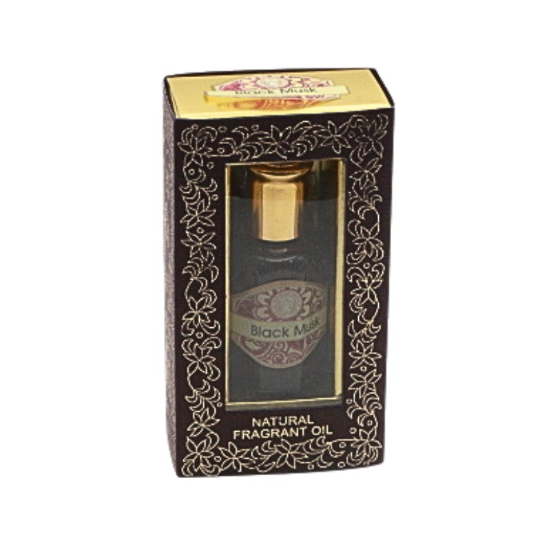 Black and gold packaging of Black Musk natural fragrant oil on a white background