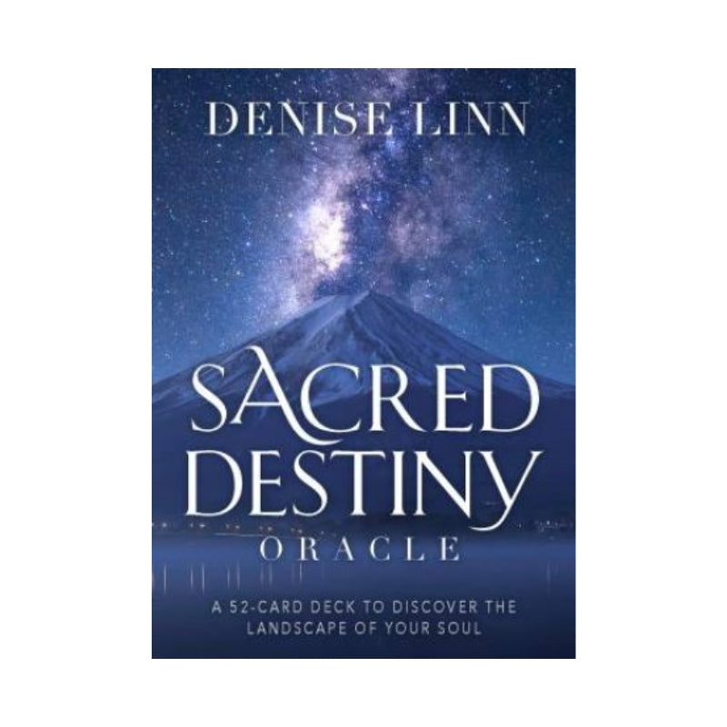 Oracle Card cover for 'Sacred Destiny Oracle' by Denise Linn, featuring a starry night sky and mountain design with white title text.