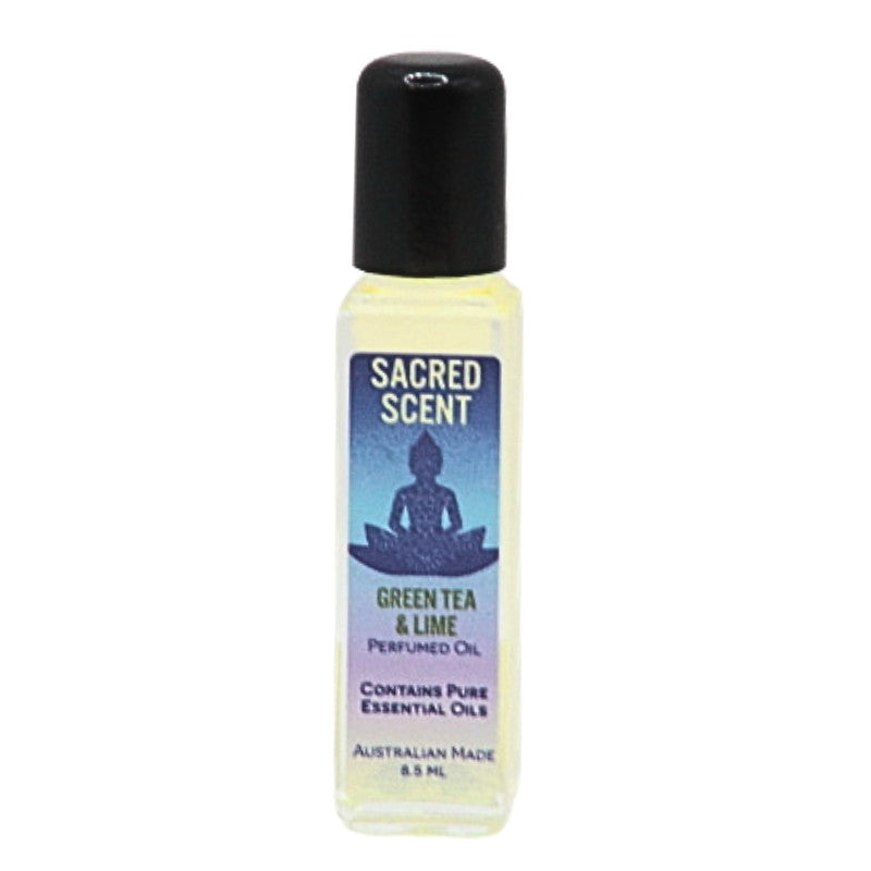 glass bottle containing Sacred Scent Perfume Oil Green Tea & Lime 8.5ml