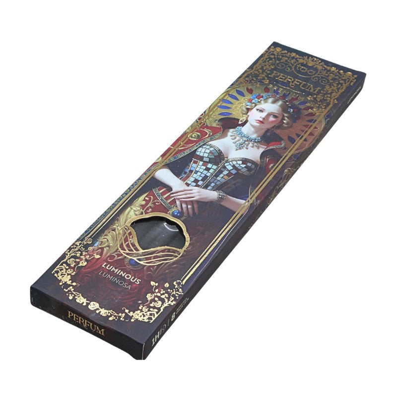 Perfume incense packaging with decorative design and portrait of a woman on a white background