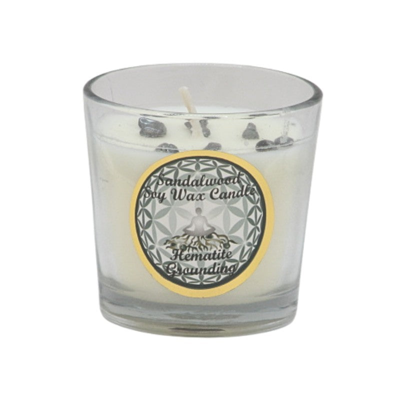 Soy wax candle with gemstone chips on top- in clear glass jar