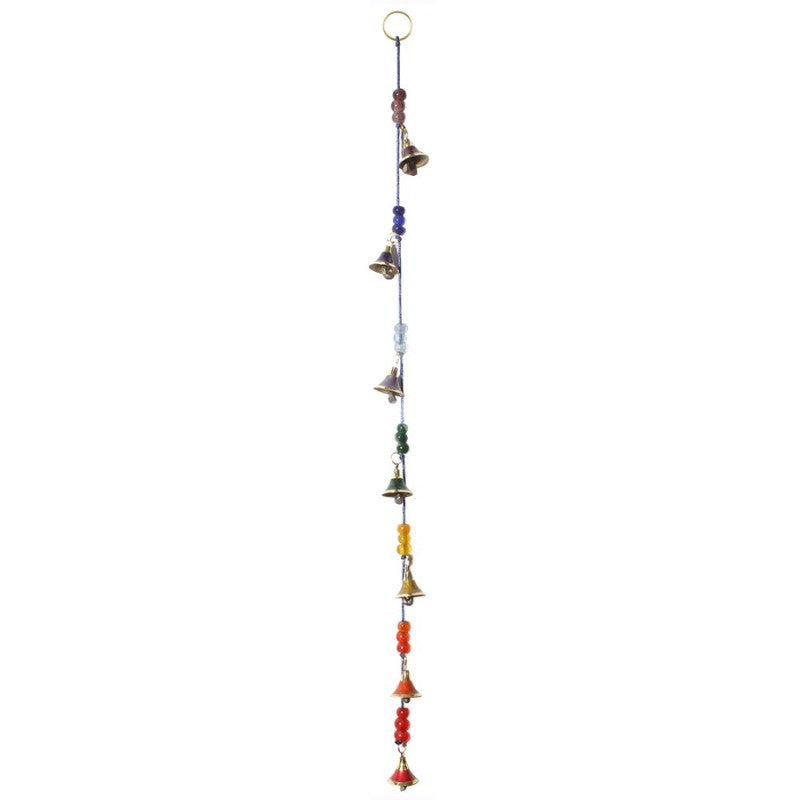 blue string with 7 bells hanging from it - each a different colour