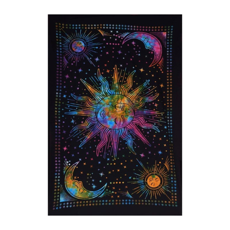 Colorful sun and moon design on a black background