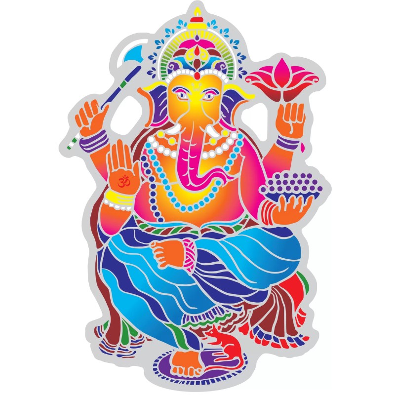 colourful window sticker showing image of ganesh