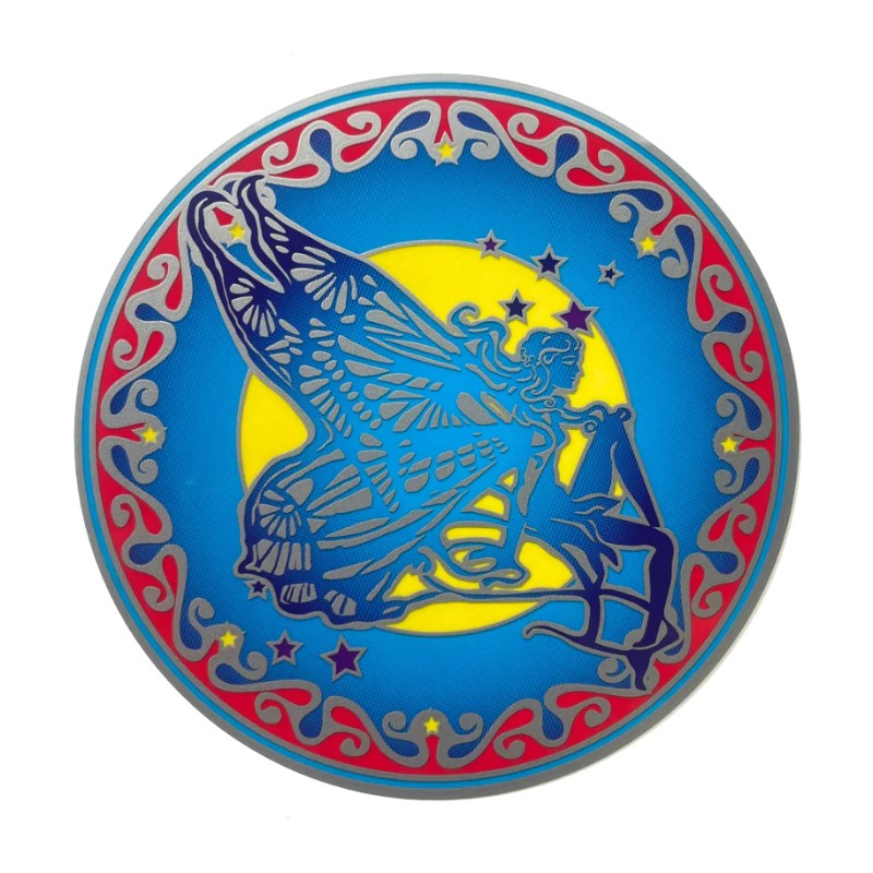 A circular decorative plate or sign featuring a blue fairy silhouette in front of a yellow moon and stars, surrounded by a red and blue patterned border on a white background.
