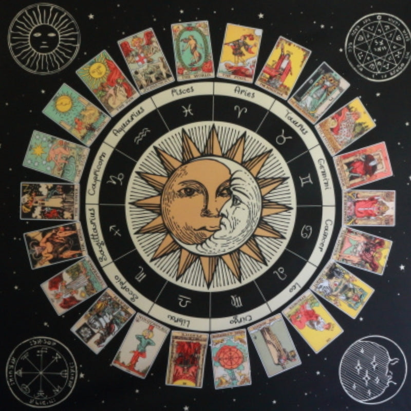 square tarot altar cloth decorated with the major arcana