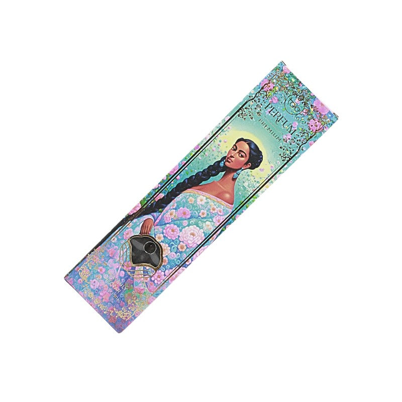 incense box with a colorful design featuring a woman and floral elements on a white background