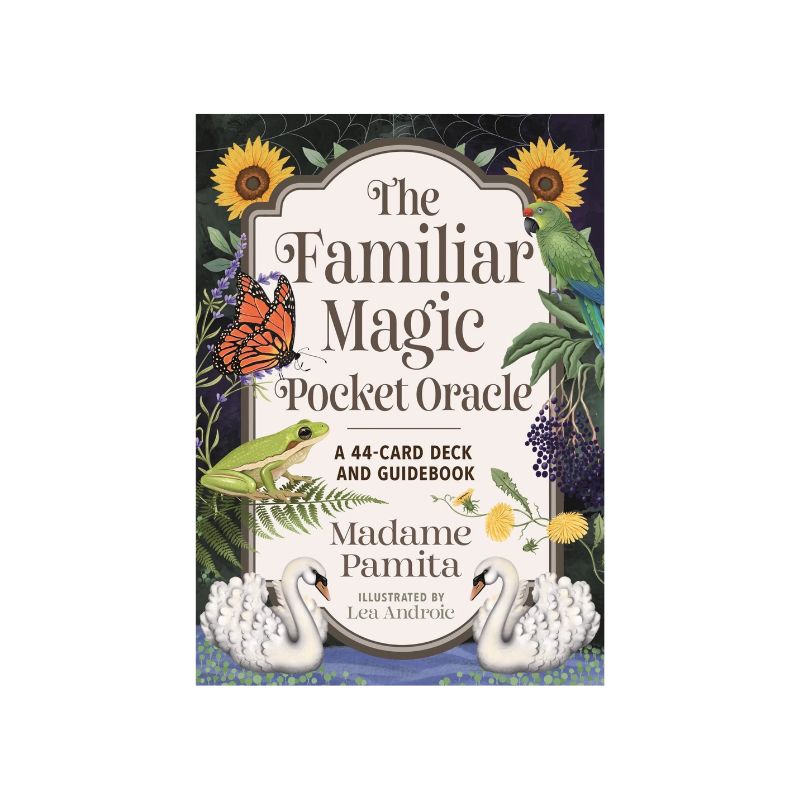 The Familiar Magic Pocket Oracle by Madame Pamita, featuring a butterfly, green parrot, frog and two white swans among sunflowers and foliage.