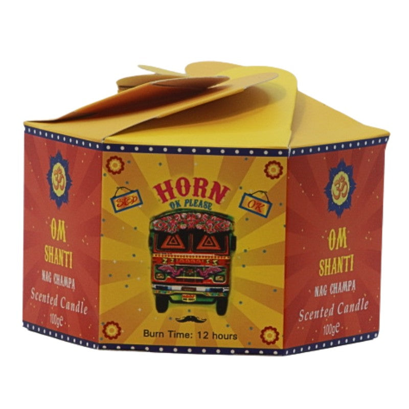 yellow and red candle box with a colourful bus on the front