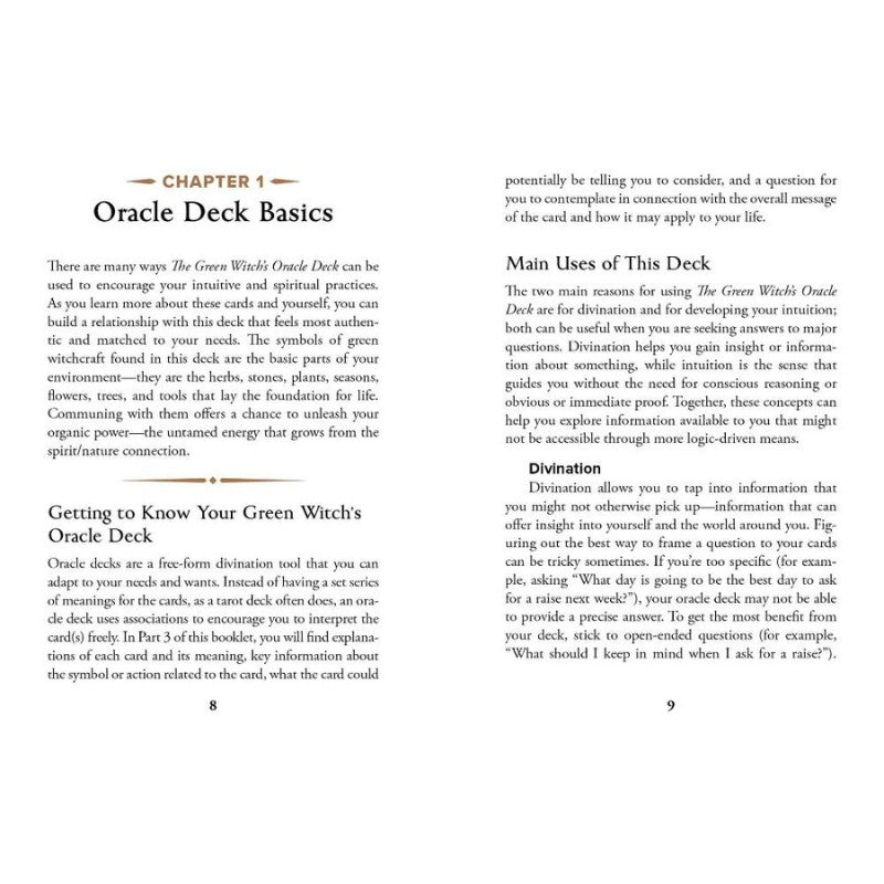 The Green Witch's Oracle Deck showing samples of the guidebook