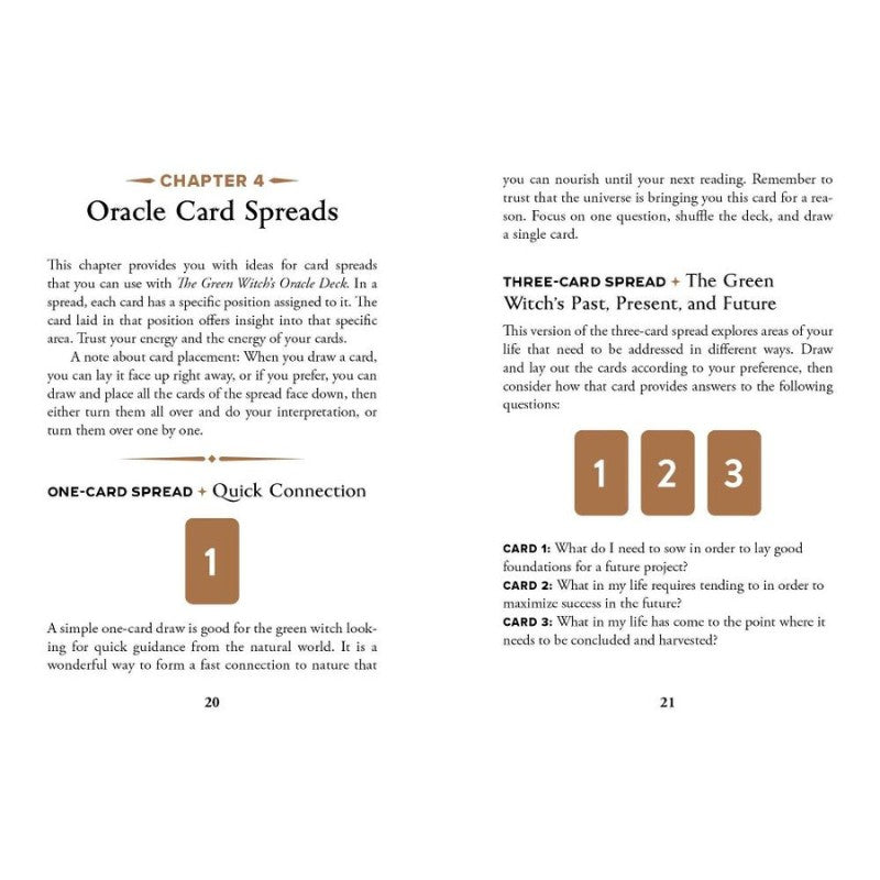 The Green Witch's Oracle Deck showing samples of the guidebook