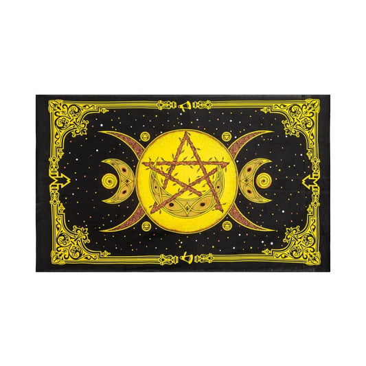 Decorative wall hanging with a central pentagram design flanked by two moons, framed by intricate gold patterns on a black background.